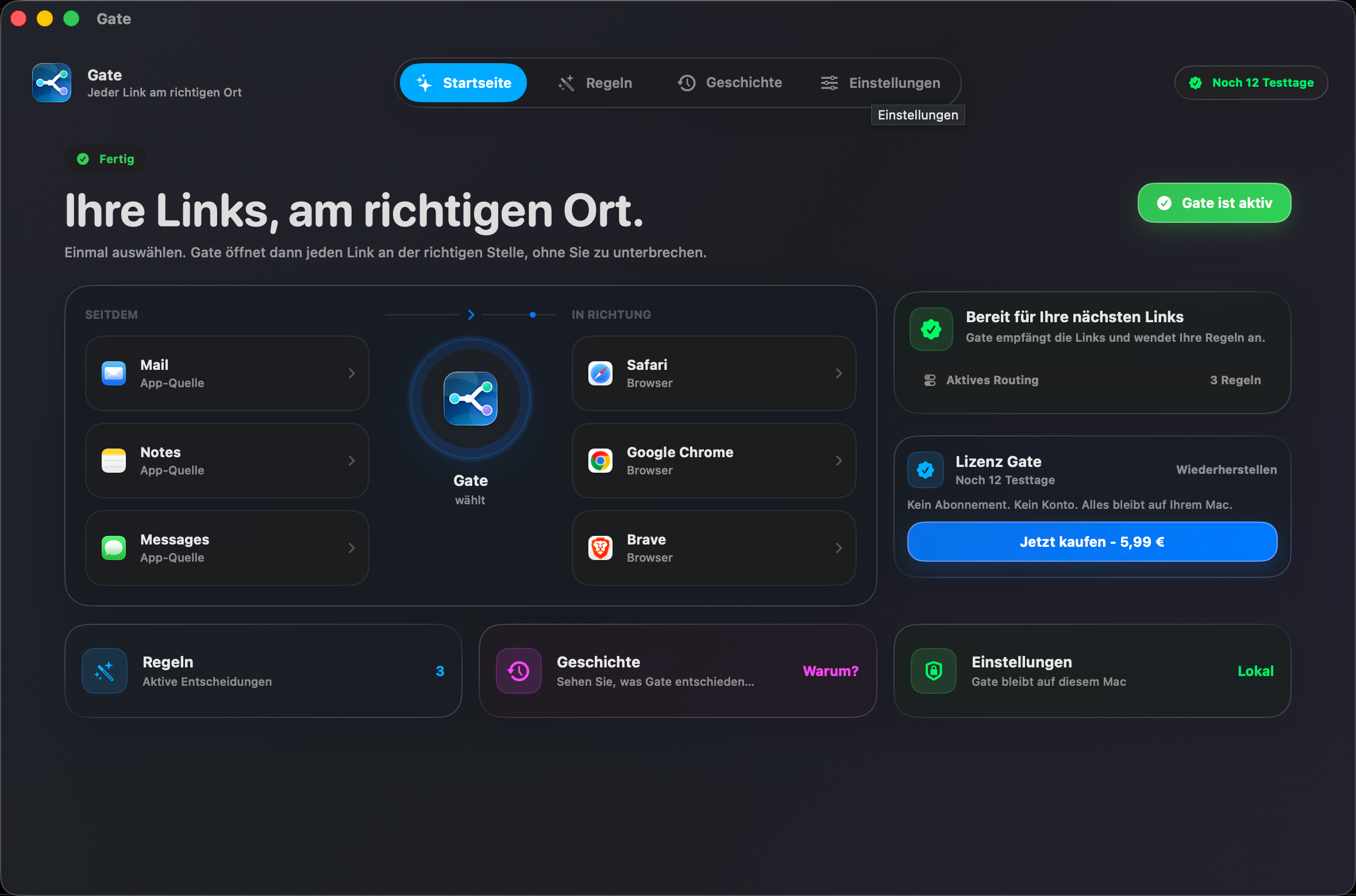 Gate — Jeder Link öffnet am richtigen Ort. Browser einmal wählen. Gate übernimmt den Rest.