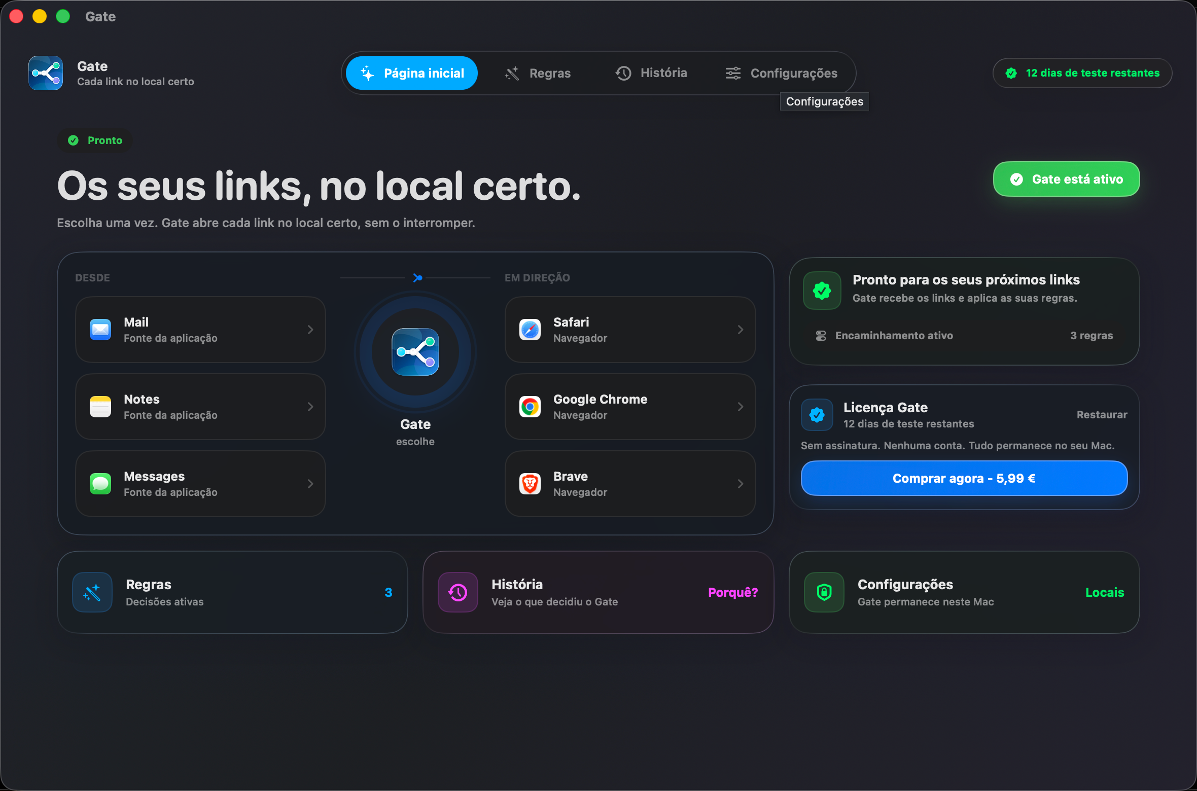 Gate — Cada ligação abre no sítio certo. Escolha os navegadores uma vez. O resto fica com o Gate.
