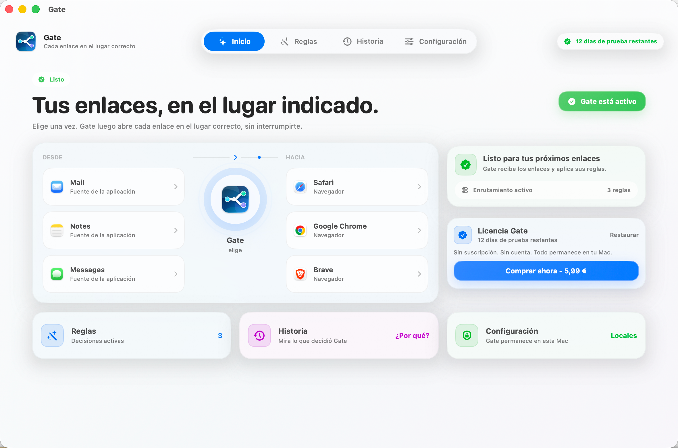 Gate — Cada enlace se abre donde corresponde. Elige tus navegadores una vez. Gate hace el resto.