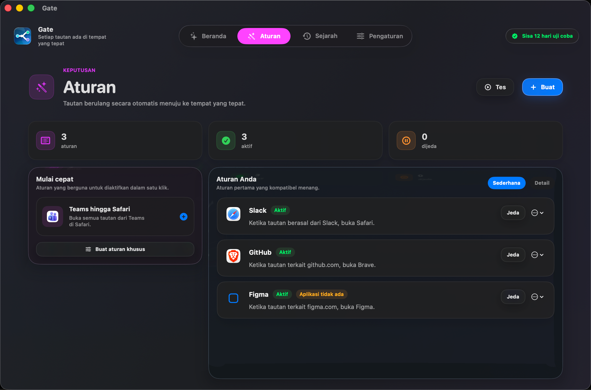 Gate — Atur aturan sekali, lalu lupakan. Tautan berulang selalu terbuka di browser yang tepat.