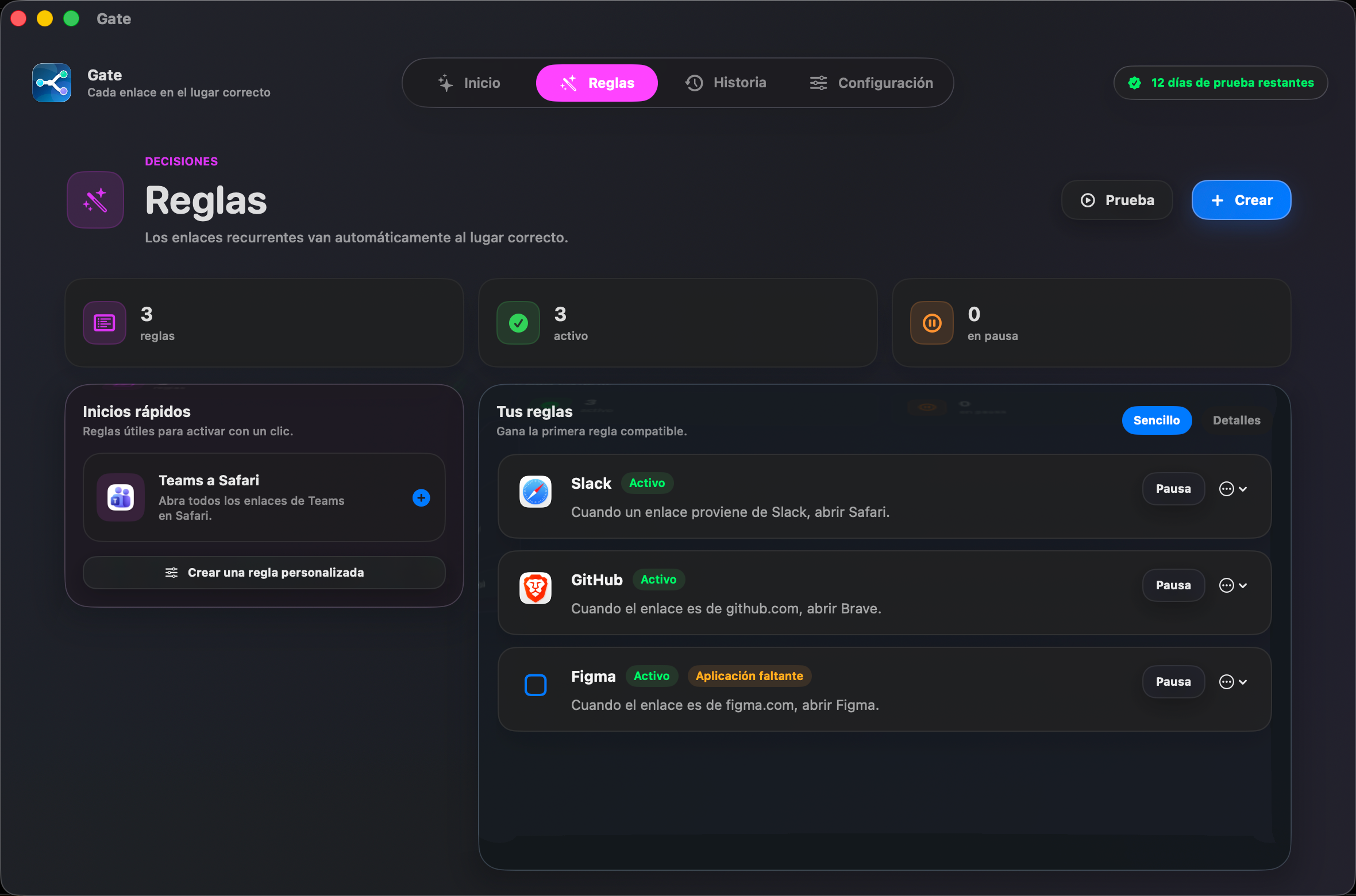 Gate — Crea una regla y olvídate. Los enlaces habituales van al navegador correcto, siempre.
