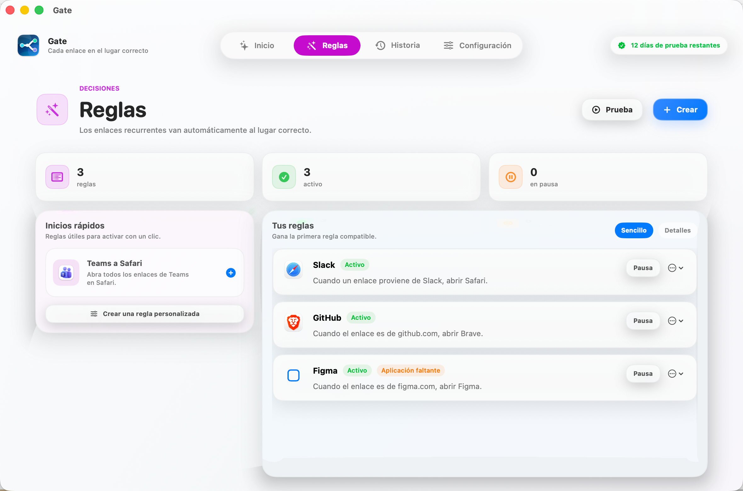 Gate — Crea una regla y olvídate. Los enlaces habituales van al navegador correcto, siempre.