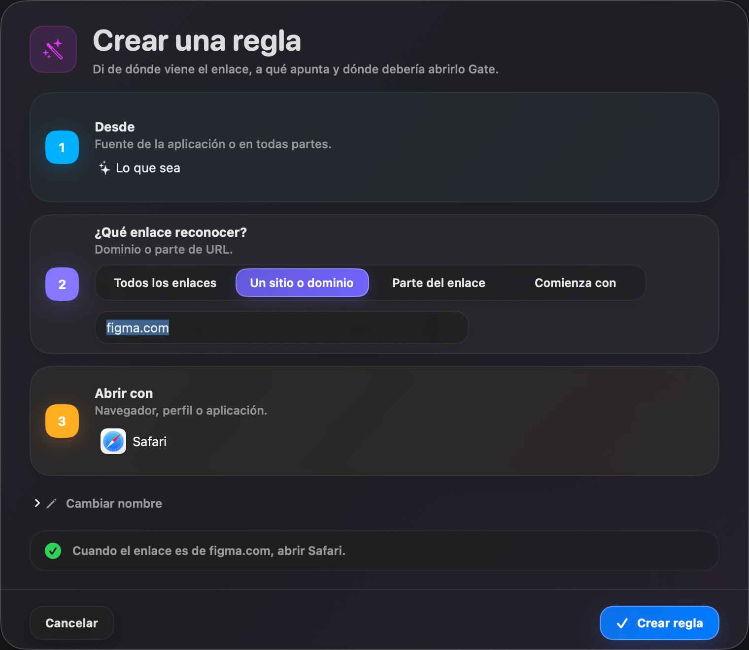 Gate — Crea una regla en segundos. Origen, condición, destino — explicado en lenguaje claro.