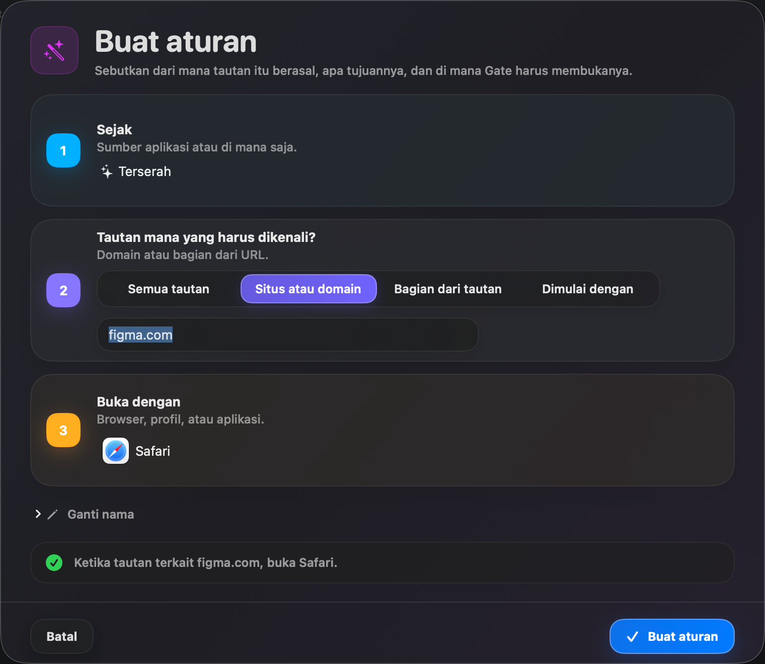 Gate — Buat aturan dalam hitungan detik. Sumber, kriteria, tujuan — dijelaskan dengan bahasa jelas.