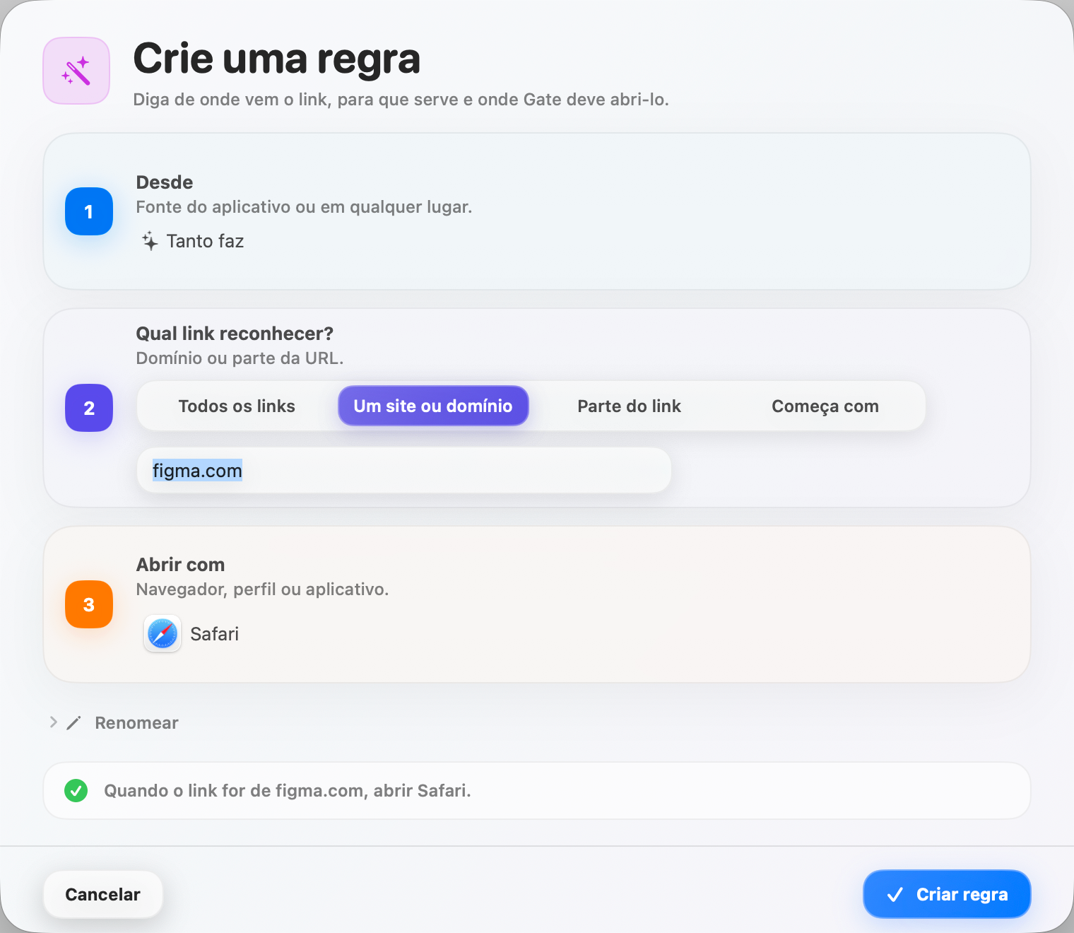 Gate — Crie uma regra em segundos. Origem, critério, abertura — explicado em linguagem clara.