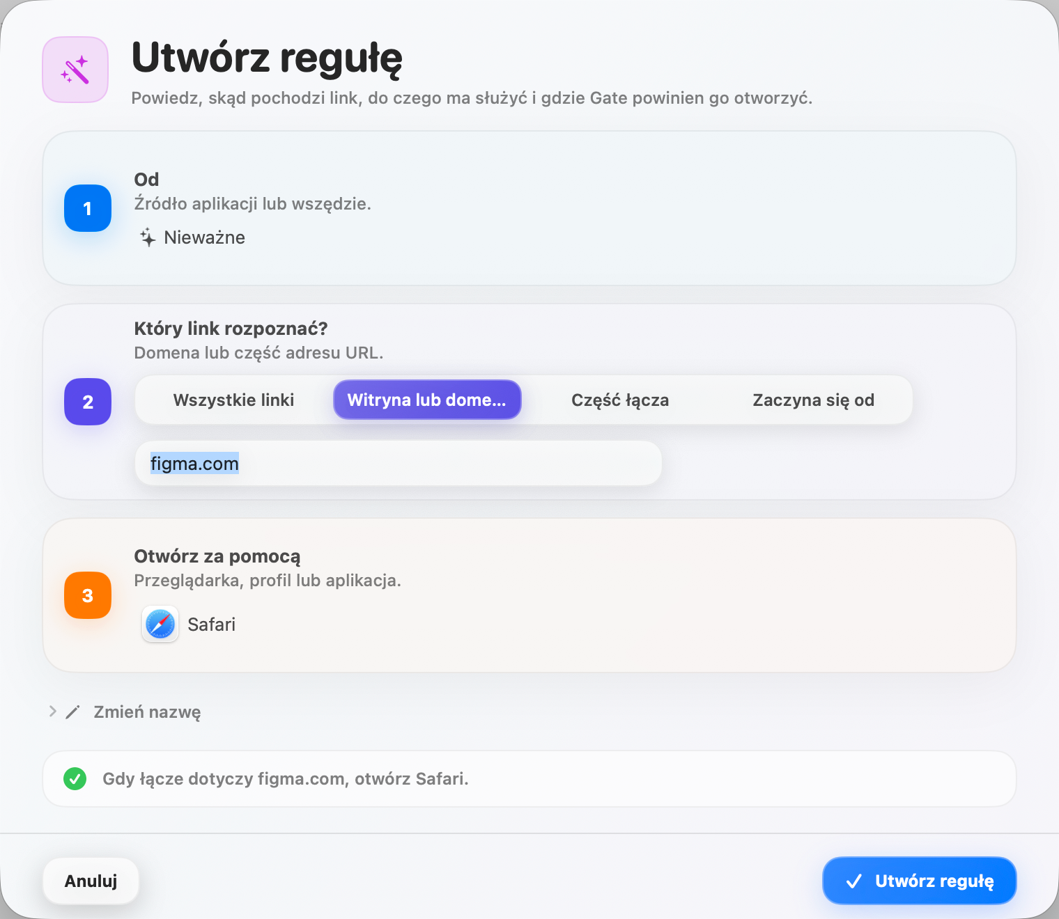 Gate — Stwórz regułę w kilka sekund. Źródło, warunek, cel — opisane prostym językiem.