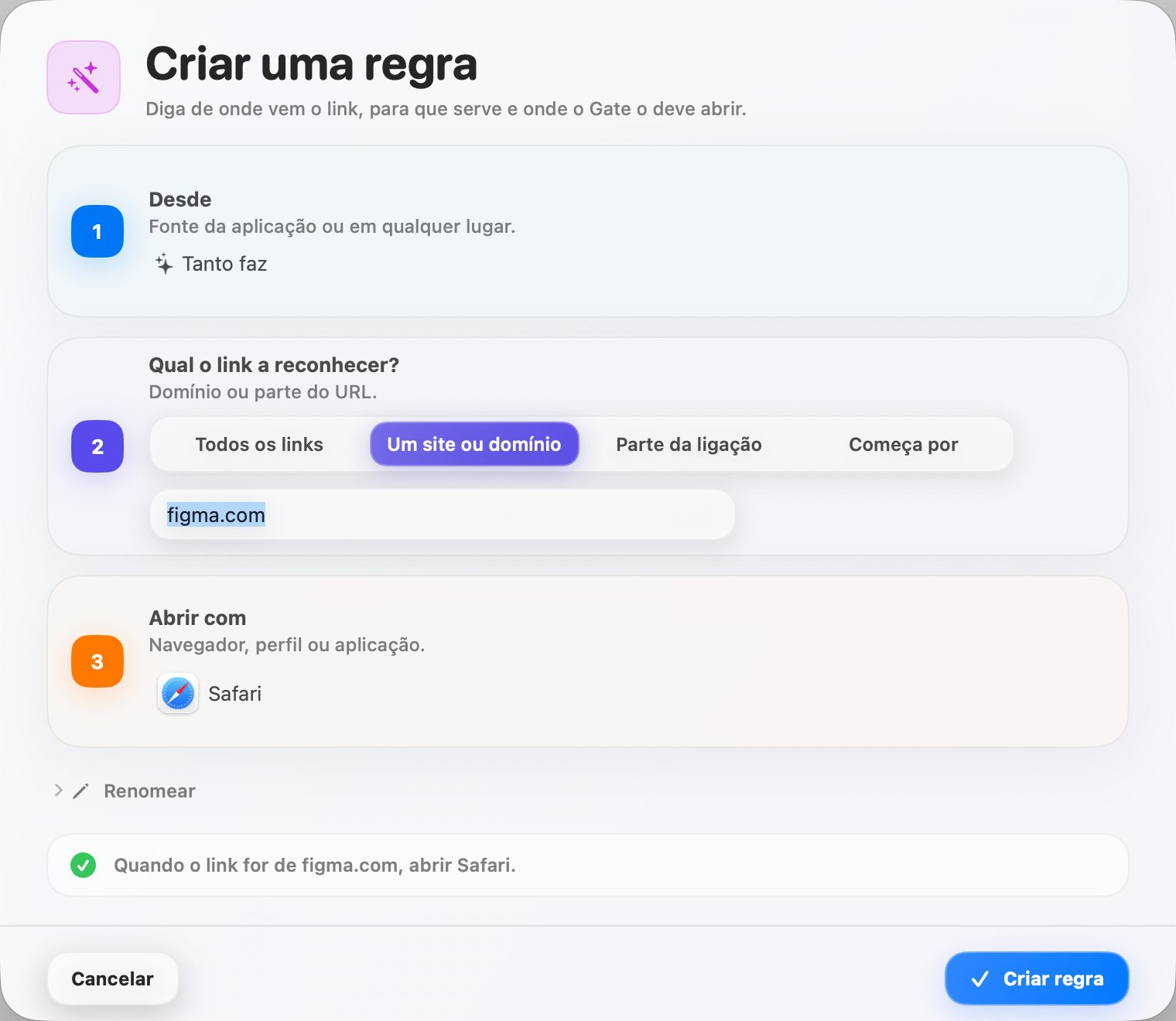 Gate — Crie uma regra em segundos. Origem, critério, abertura — explicado em linguagem clara.