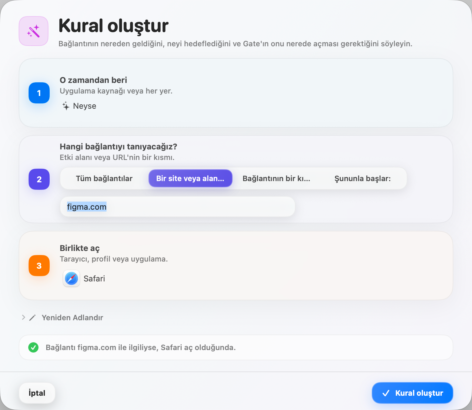 Gate — Saniyeler içinde bir kural oluştur. Kaynak, koşul, hedef — sade bir dille özetlenir.