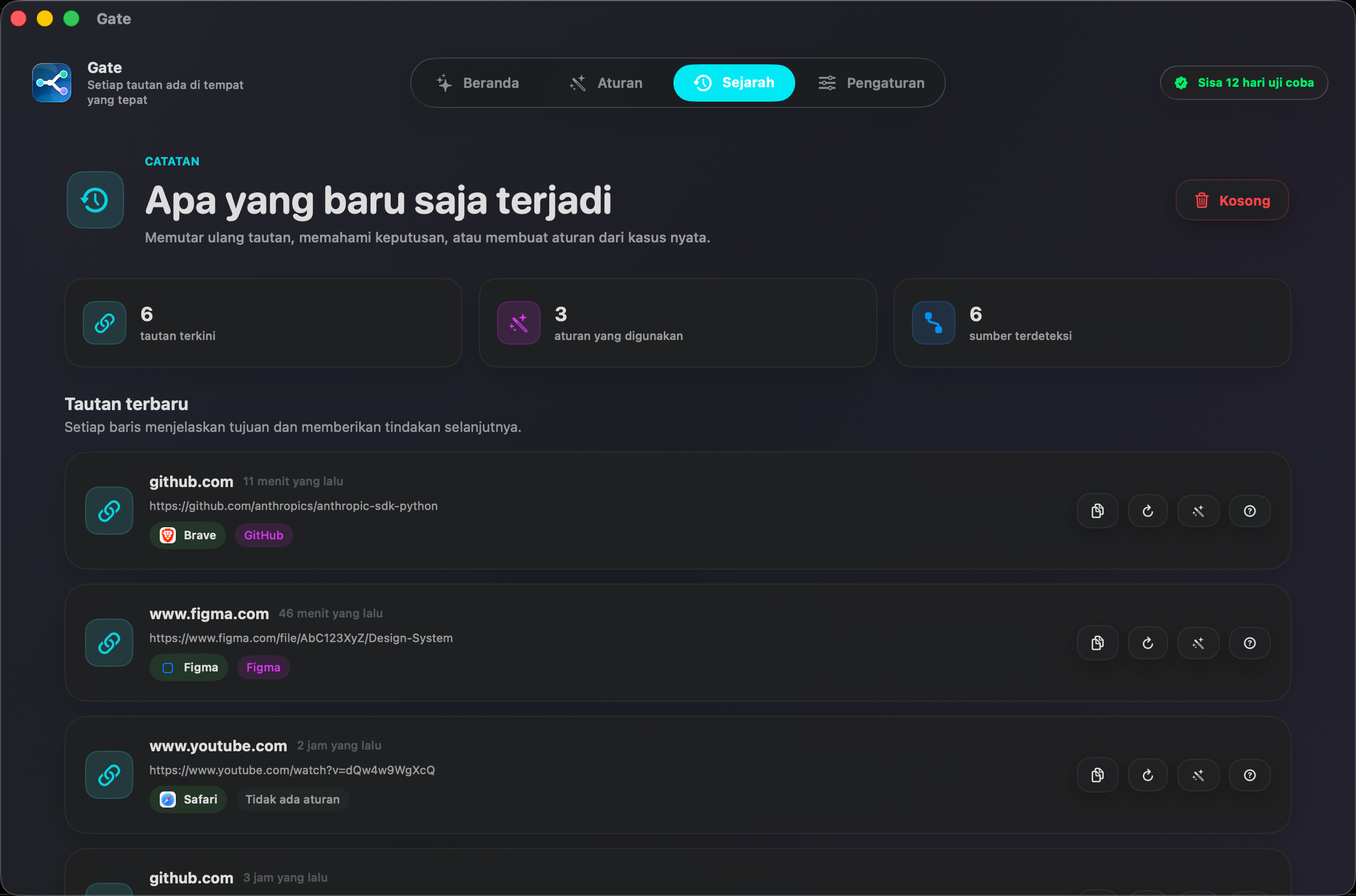 Gate — Lihat alasan Gate mengambil keputusan. Putar ulang tautan, pahami, dan jadikan aturan.