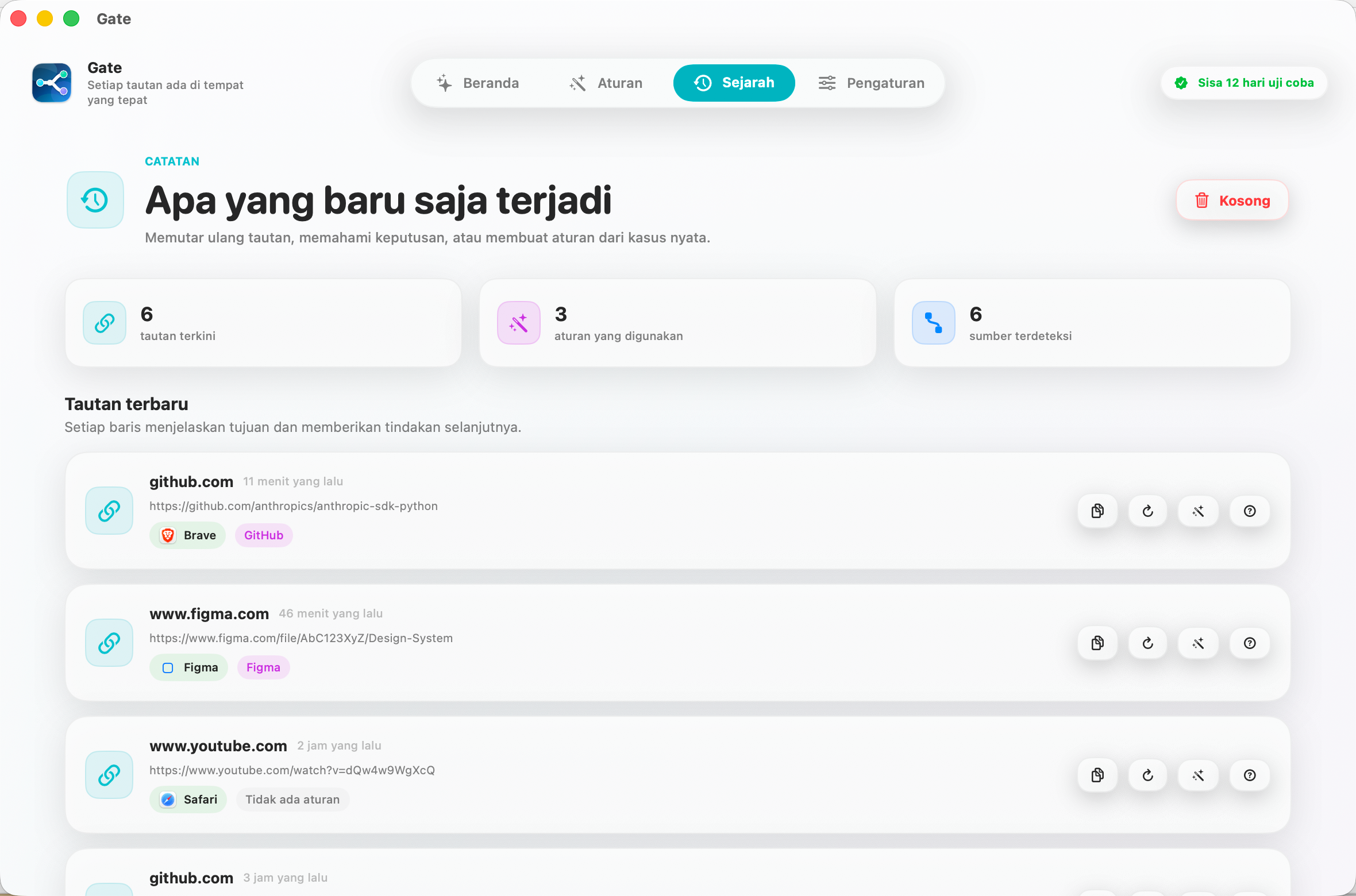 Gate — Lihat alasan Gate mengambil keputusan. Putar ulang tautan, pahami, dan jadikan aturan.