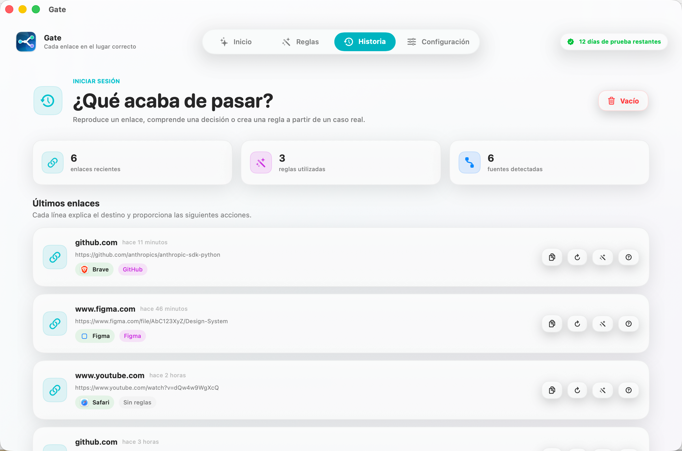 Gate — Mira por qué Gate decidió. Repite un enlace, entiéndelo y conviértelo en regla.