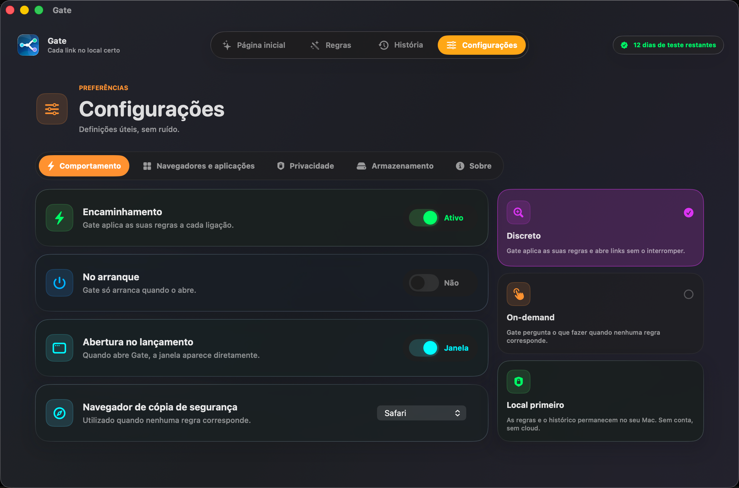 Gate — Tudo fica no seu Mac. Sem conta. Sem nuvem. Sem subscrição.