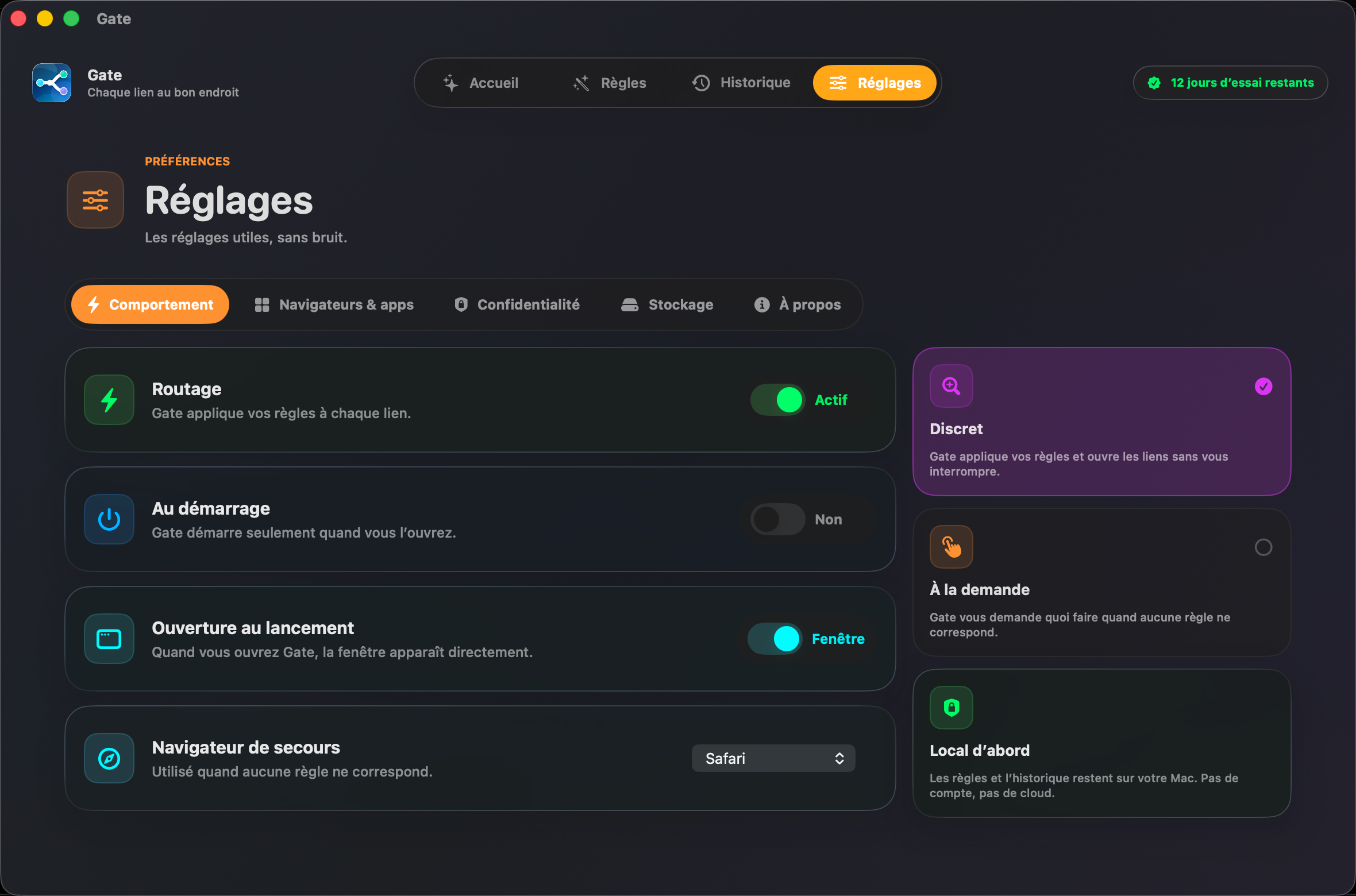 Gate — Tout reste sur votre Mac. Aucun compte. Aucun cloud. Aucun abonnement.