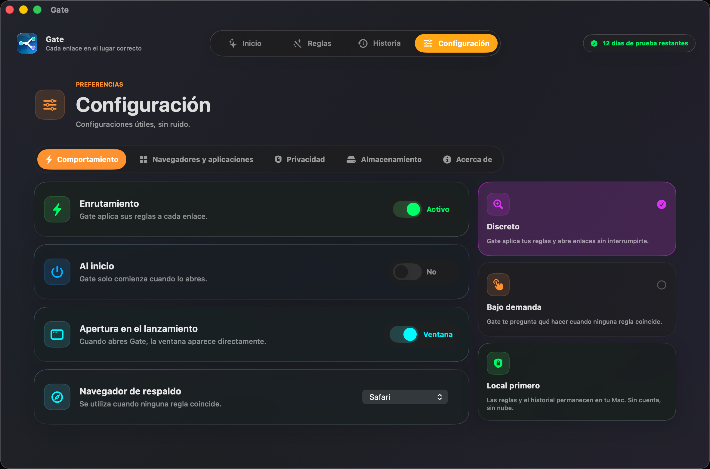 Gate — Todo se queda en tu Mac. Sin cuenta. Sin nube. Sin suscripción.