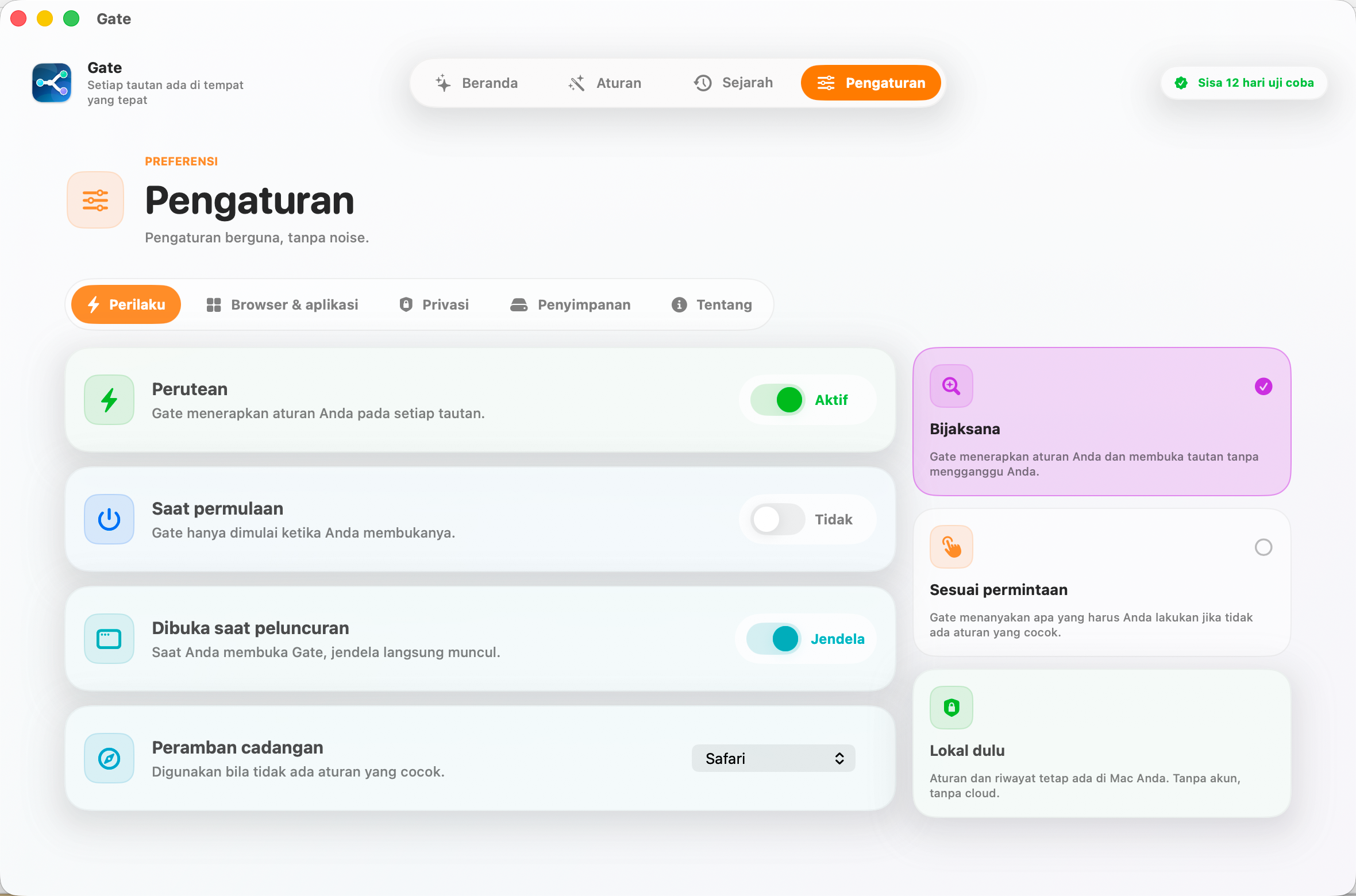 Gate — Semua tetap di Mac Anda. Tanpa akun. Tanpa cloud. Tanpa langganan.