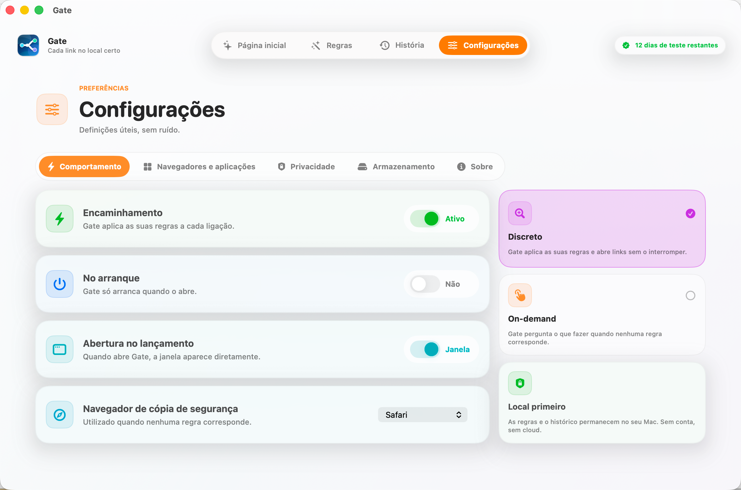 Gate — Tudo fica no seu Mac. Sem conta. Sem nuvem. Sem subscrição.